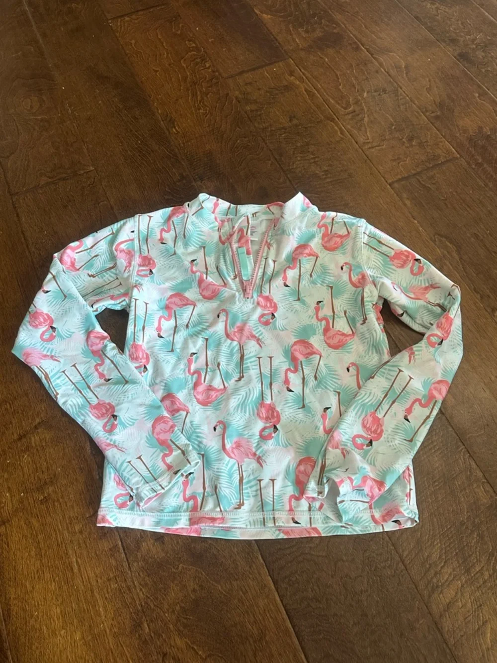 Ruffle Butts Pink Flamingo Long Sleeve Rash Guard Swim Top